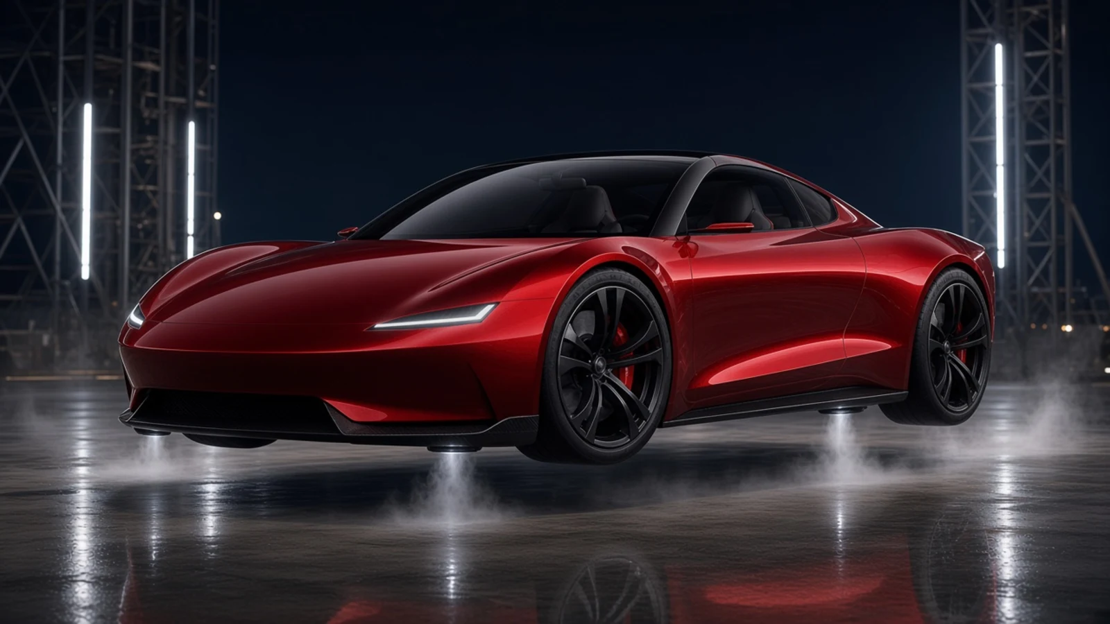 Concept render of a red Tesla Roadster-style targa coupe on a night rocket test pad with cold-gas vapor plumes at each corner