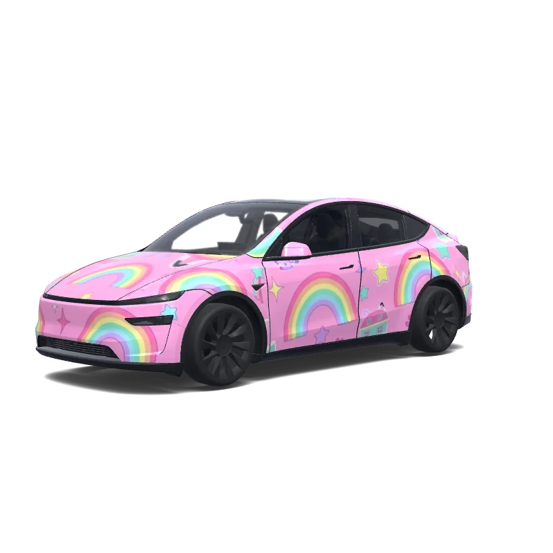 Tesla Model Y (2025+) wrap design - Quiero que generes el coche rosa con arcoiris estilo Gabby casa de muñecas.