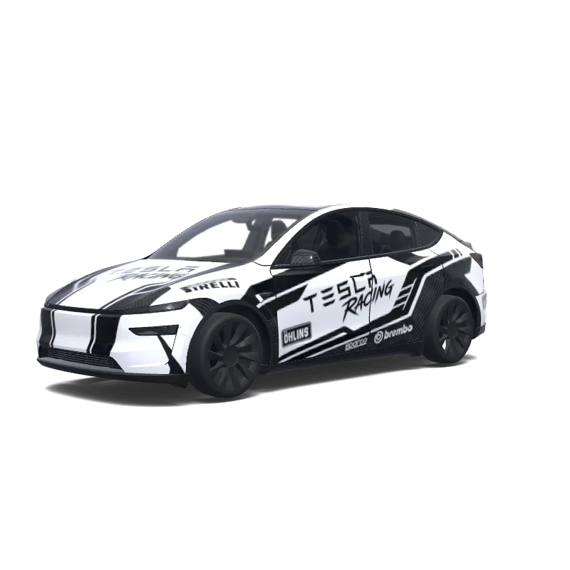 Tesla Model Y (2025+) wrap design - Racing livery with sponsor logos, racing stripes, aggressive sporty design. Colors: black.