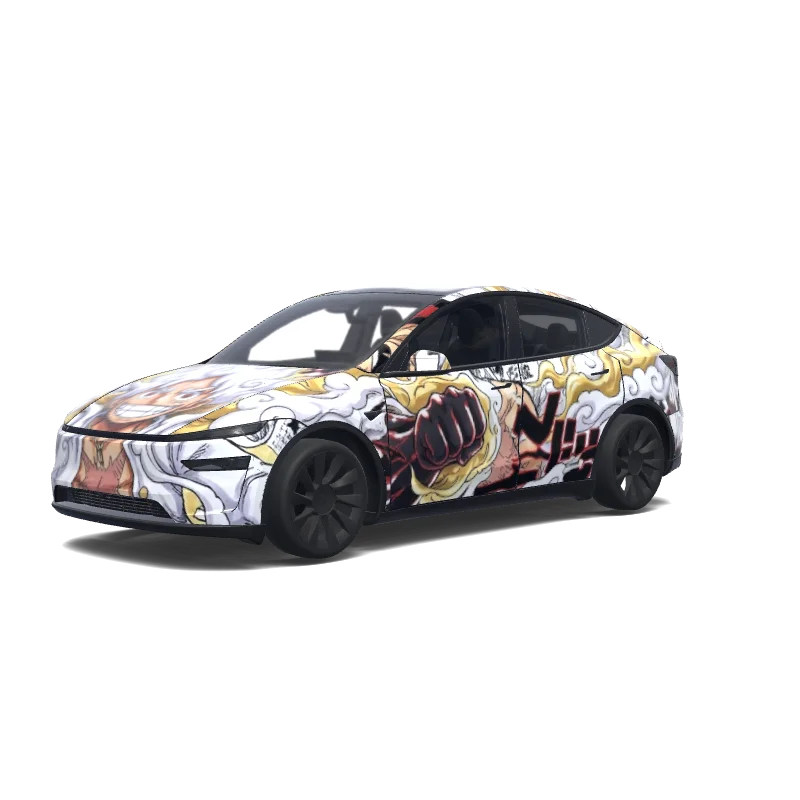 Tesla Model Y (2025+) wrap design - gear 5 luffy one piece make sure his face is visible on the bonnet but facing the north and the design is uniform on both of the sides of the wrap with his fists.