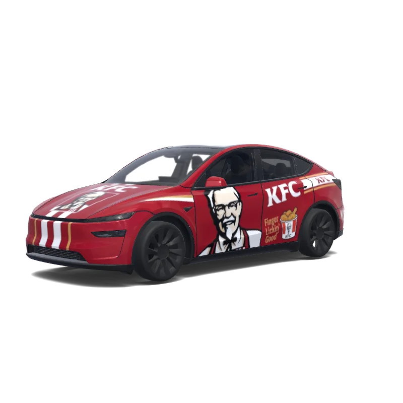 Tesla Model Y (2025+) wrap design - in KFC style with Sanders on doors. Colors: red.