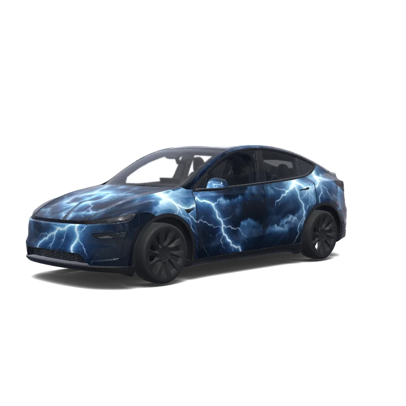 Tesla Model Y (2025+) wrap design - Crea un wrap con il mjolnir di Thor e un po di fulmini e tempeste sul resto.