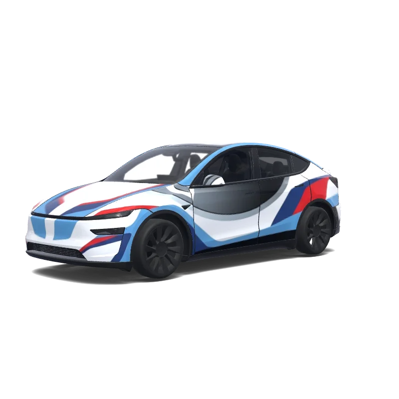 Tesla Model Y (2025+) wrap design - Create a premium Tesla Model Y wrap dominated by one enormous, authentic-looking BMW roundel logo. Make the BMW logo extremely large, spanning across the doors and side body panels. Use the classic BMW blue, white and black colors. Clean white base with subtle BMW M-style blue, dark blue and red racing accents. Sporty, aggressive, luxurious German performance aesthetic. No hearts, no text, no other graphics. High-resolution professional automotive vinyl wrap..