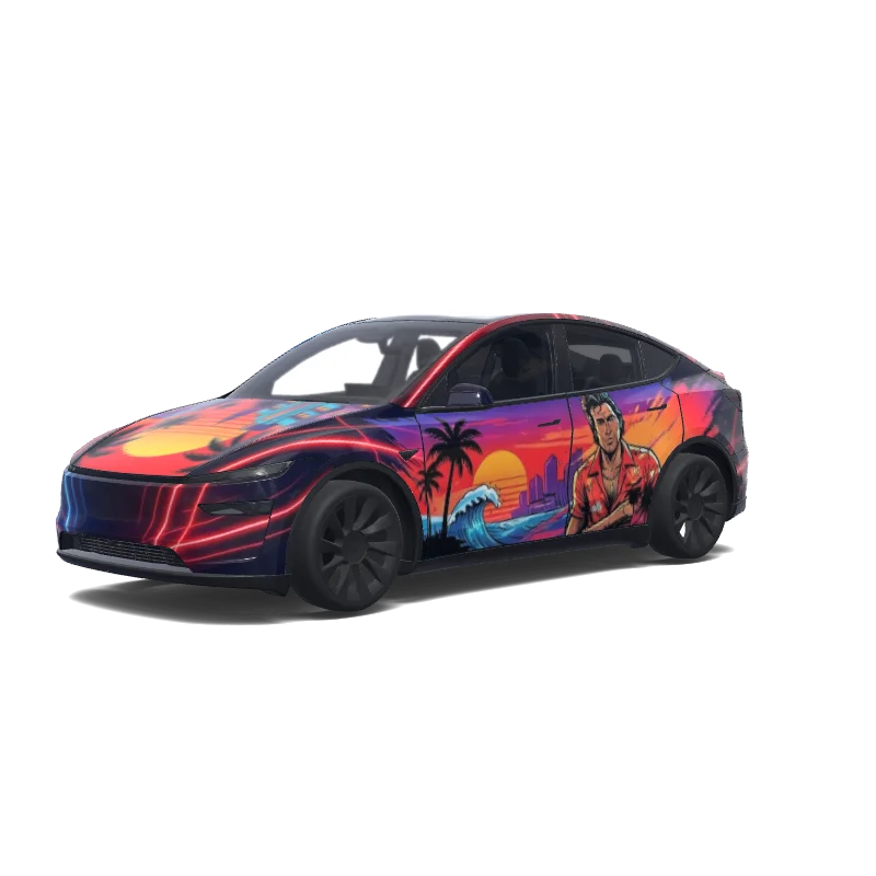 Tesla Model Y (2025+) wrap design - miami vice with a GTA style hood design. Colors: red, blue.