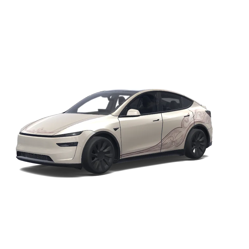 Tesla Model Y (2025+) wrap design - Create an elegant Tesla Model Y Juniper wrap with a warm pearl champagne/ivory base. Use refined Batak Toba Gorga and Ulos-inspired linework in burgundy, wine and soft maroon. Keep motifs sparse, delicate and flowing along the lower sides, rear quarters and subtle hood accent, leaving large clean body areas. Luxury fashion aesthetic, understated and sophisticated, never busy. Photorealistic premium automotive CGI, realistic reflections. Show front 3/4, side and rear views..
