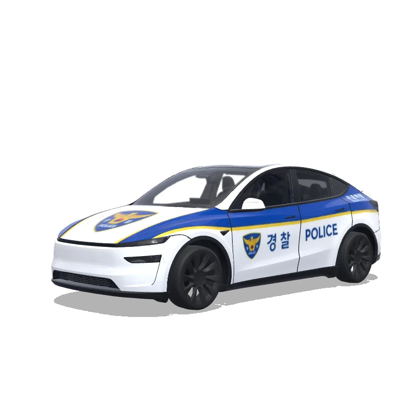 Tesla Model Y (2025+) wrap design - 파란색과 흰색 줄무늬, 공식 배지, 긴급 차량 마크가 있는 경찰차 리버리