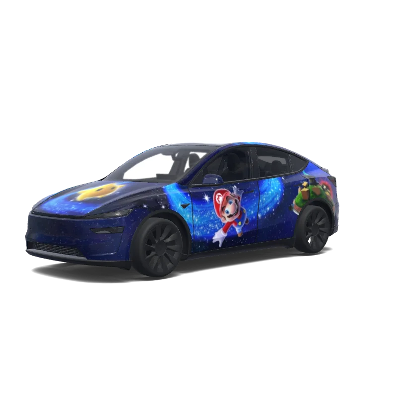 Tesla Model Y (2025+) wrap design - Use the uploaded photo as a strong visual reference. Extract its colors, textures, pattern language, and overall aesthetic. Generate a Tesla Paint Shop vehicle wrap for the selected model. Fill the UV template areas cleanly, preserve transparent and non-template areas, and output a complete wrap PNG suitable for 3D preview and download.