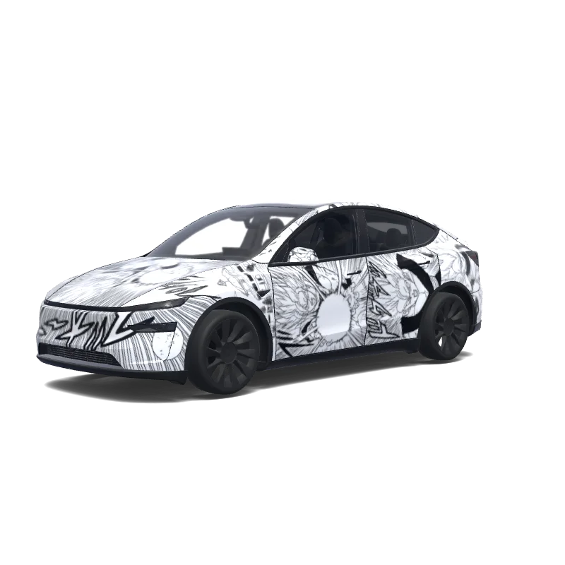 Tesla Model Y (2025+) wrap design - Dragon ball z anime with a pemex sticker. Colors: black.