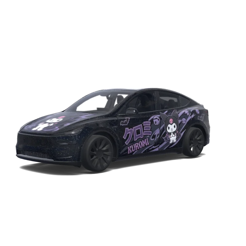 Tesla Model Y (2025+) wrap design - ラメが入ったブラックボディーの下地に、サンリオのクロミのデザインでかっこいい感じに。ボンネットとサイドドア、リアにクロミをデザインして。. Colors: black.