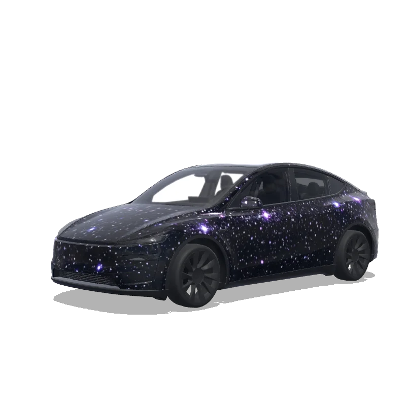 Tesla Model Y (2025+) wrap design - glittery black very premium sparkly look in black. basically we want the diamond black color from tease but we want to actually see the glitter. Colors: black, white, purple, blue.