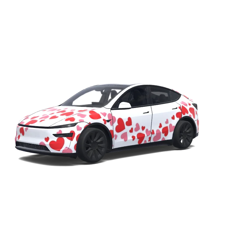 Tesla Model Y (2025+) wrap design - Create a bold Tesla Model Y wrap with one huge BMW logo as the centerpiece, covering a large part of the side doors. White base with many red and pink hearts of different sizes flowing around the BMW logo. Make the BMW logo dominant, sharp and clearly recognizable. Romantic, playful but premium. Hearts scattered across front, sides and rear. Clean professional automotive vinyl wrap, continuous across body panels..